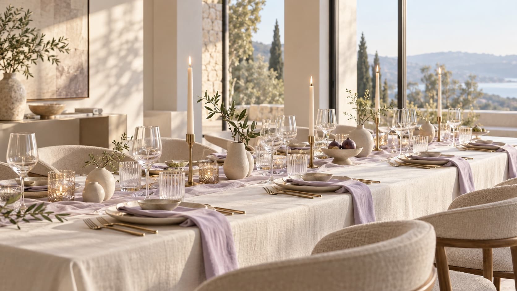An elegant sunlit dinner table prepared for a celebration