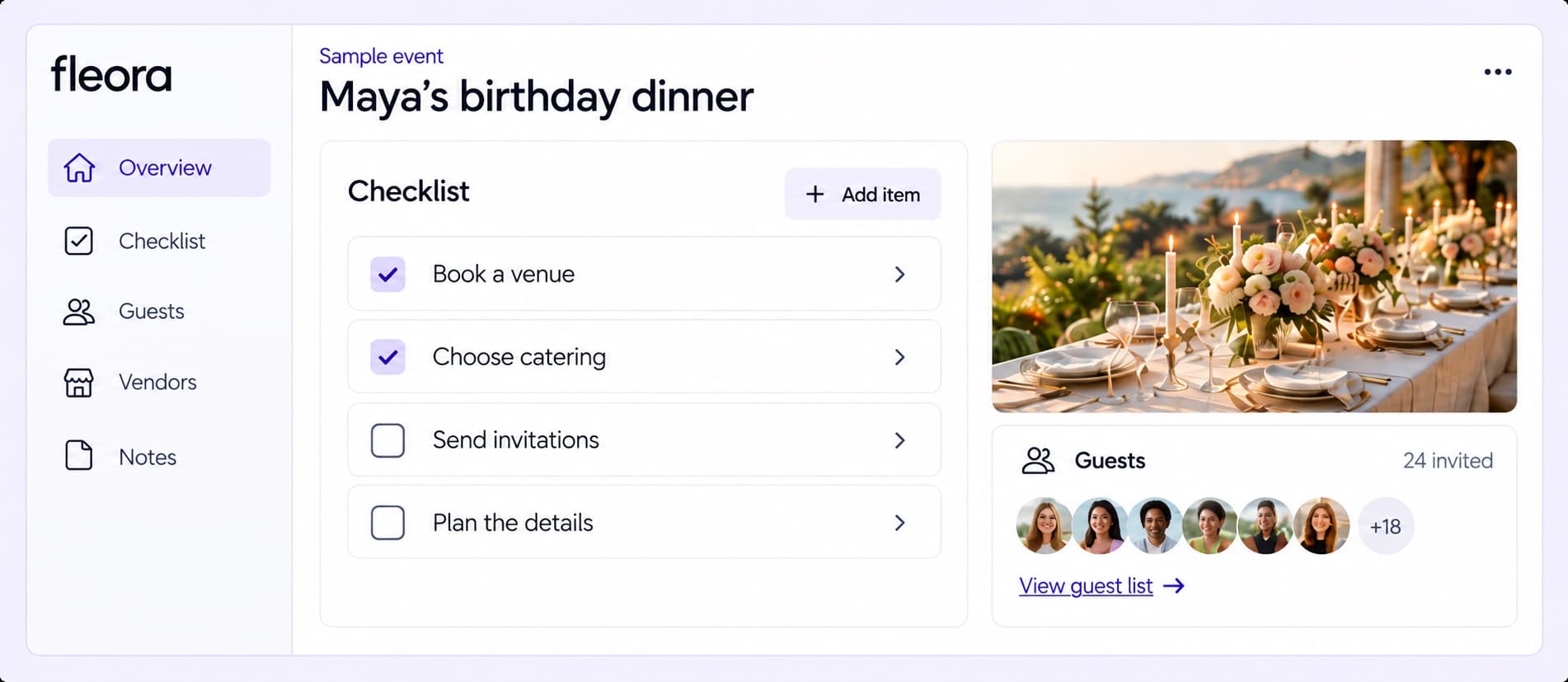 Sample Fleora event planner showing a birthday dinner checklist, guest summary, and vendor navigation
